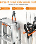 Heavy Duty Steel Garage Hooks 30 Pack With Anti Slip Coating holding a ladder and tools, wall mount organizer, orange design