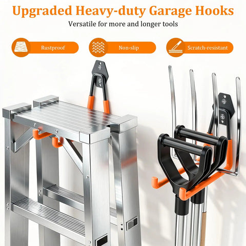 Heavy Duty Steel Garage Hooks 30 Pack With Anti Slip Coating holding a ladder and tools, wall mount organizer, orange design