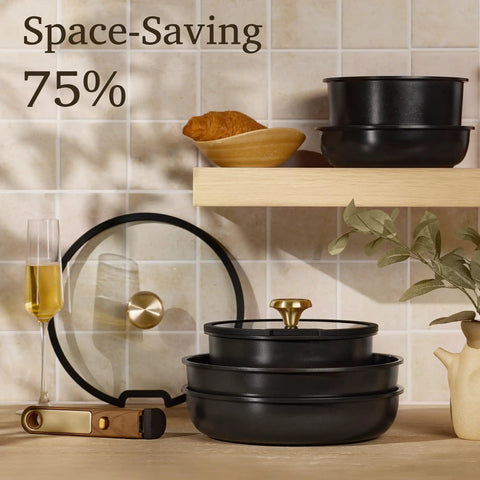 15 Piece Ceramic Cookware Set With Detachable Handles, nonstick black pots, stacked for space-saving, glass lid visible