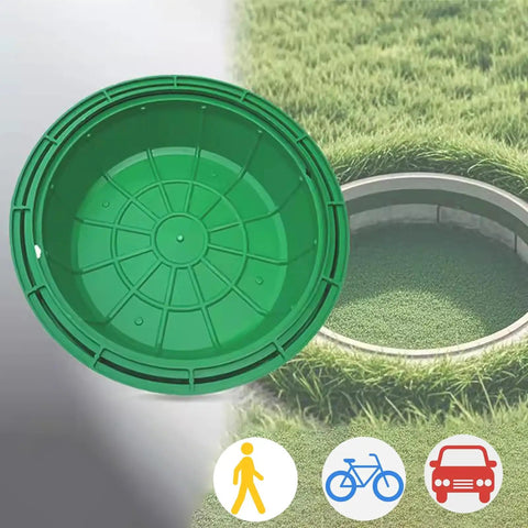 Built Tough Invisible Manhole Cover For Outdoor Use, durable resin lid for lawn and garden drainage, showing top view