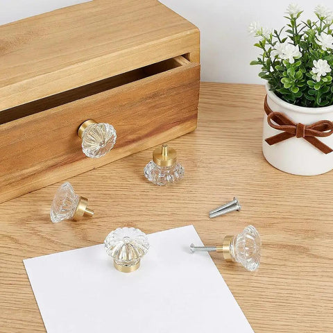 8 Pack Gold Crystal Cabinet Knobs With Screws, Glass Flower Dresser Pulls on wooden drawer with plant decor