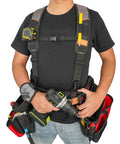 Front view of Tool Belt Suspenders With Magnetic Wristband for framer, padded backing, breathable straps, and tool compartments in use