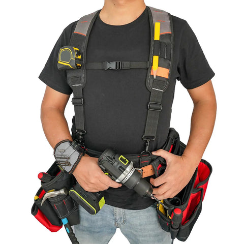 Front view of Tool Belt Suspenders With Magnetic Wristband for framer, padded backing, breathable straps, and tool compartments in use