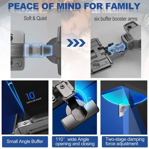 Soft Close Cabinet Hinges 2 Pack For Frameless Inset Cabinets With 110 Degree Opening shown in various angles and features.