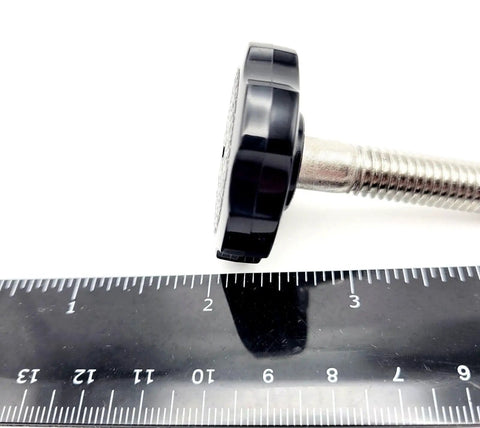 3/8 Inch Thumbscrew Bolts With Slick Clamping Knobs 304 Stainless Steel solid ergonomic grip shown next to a ruler for size reference.