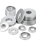 Heavy Duty M6 Stainless Steel Flat Washers 18 Mm Fender Style For Screws And Bolts 304 Stainless 50 Pcs shown in stacks