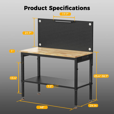 48 Inch Heavy Duty Adjustable Height Work Bench With 2000 Lbs Capacity, Built Like A Tank, Storage Shelf, Rubberwood Top, Pegboard, LED Light And Built In Power Strip For Garage And Woodworking Shop, front view with measurements