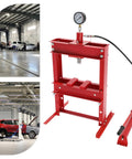 Rock Solid 10 Ton Hydraulic Benchtop Press Adjustable Height Worktable with pressure gauge in an auto shop setting.
