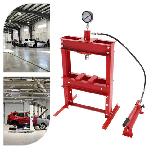 Rock Solid 10 Ton Hydraulic Benchtop Press Adjustable Height Worktable with pressure gauge in an auto shop setting.