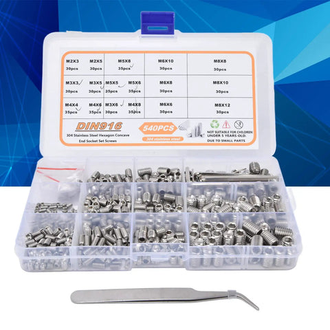 Cup Point Set Screw Kit With 304 Stainless Steel Grub Screws M2 Through M8, storage case with hex wrenches and tweezers