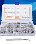 Top Notch 540Pc Grub Screw Assortment Kit Made From Premium 304 Stainless Steel Durable Rust Proof Set Screws With Secure Hold For Heavy Duty Jobs Super Easy To Find And Carry In Clear Storage Box. open case with 304 stainless steel grub screws, hex keys and tweezers