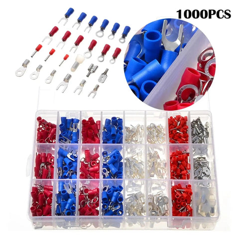 Huge 1000Pcs Assorted Insulated Crimp Terminal Kit With 24 Types Spade Fork Ring And Pin Connectors For Electrical Cables And Wire Cord Repairs You Need, plastic organizer box
