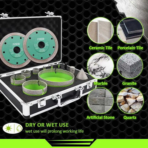 Diamond Tile Hole Saw Kit With 8 Diamond Core Bits Finger Bit Chamfer Bit Adapter And Tile Blade in carrying case