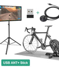 Indoor cycling setup with Ant Plus USB Dongle, bike on trainer, screen displaying cycling stats, and data cables.