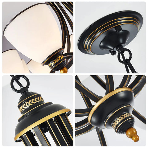 Detail views of Dope Farmhouse Dining Room Chandelier With Six Frosted Glass Shades Black Metal Pendant Light Fixture