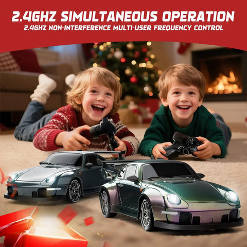 Children playing with Drift Ready 1:24 Scale RC Car With LED Lights, 2.4GHz 4WD high speed remote control vehicle near fireplace.