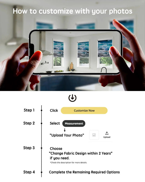 Level Up Your Home With These Dope Custom Photo Printed Motorized Blinds Featuring Effortless Remote Control Operation Fully Custom Sized Smart Roller Shades To Block Sunlight And Add Some Fresh Vibes To Any Room: Customization steps shown on phone.