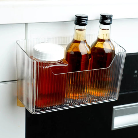 Two Pack Cabinet Door Organizer With No Fuss Adhesive Wall Mount Bins Clear Storage Caddies Stackable Baskets shown mounted on a cabinet