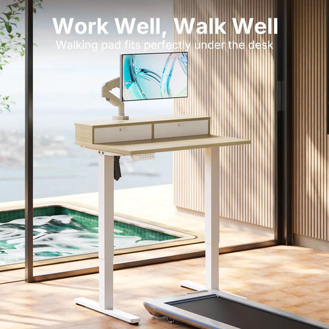 Compact Electric Standing Desk With Two Drawers 32x21 Inch Workstation C Clamp Mount Compatible in light walnut finish