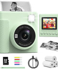 Kids Instant Print Camera With 1080P HD Video, Green Toy For Snaps And Printing, Portable Digital Camera For Playtime, Frames, Music, Games, Flashlight, Black And White Print Mode, Kid Friendly And Sturdy Design, front view