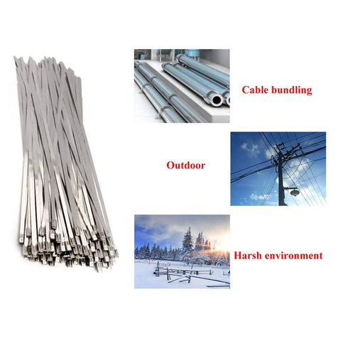 Heavy Duty Stainless Steel Cable Tie Kit With Two Hundred Pcs Four Point Six By Three Hundred Millimeter Ties Plus Cable Gun Self Locking Metal Zip Ties Tool Set For Fast Secure Cable Management In Home Auto And Workshop, showing ties and usage examples in harsh environments, outdoor and cable bundling.