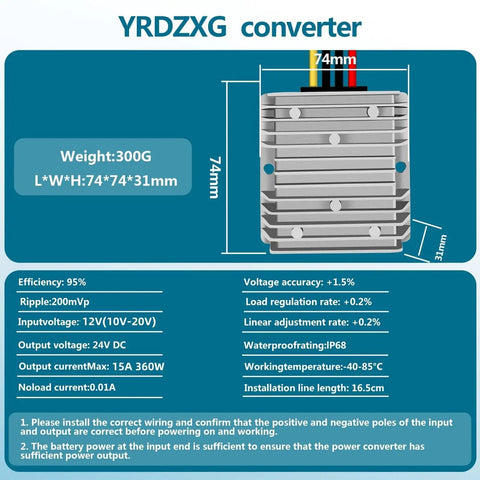 Beefy 12V To 24V DC Boost Converter Module, 15A 360W Waterproof IP67 Power Supply with technical specifications overview