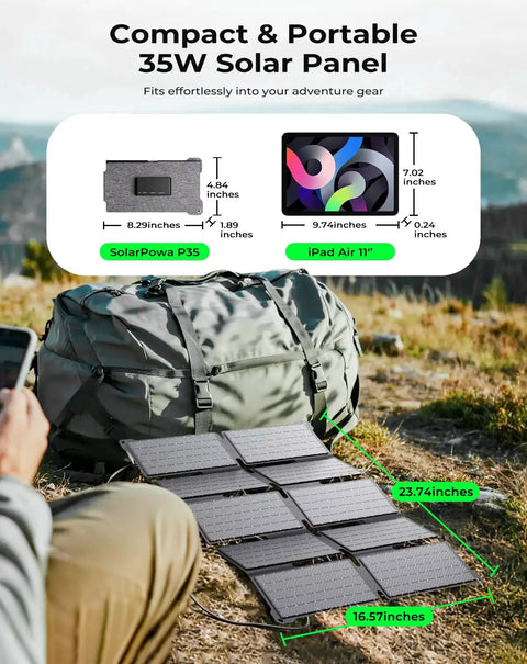 Slay Your Hikes With This Beast Mode Portable Solar Charger Delivering Lightning Fast 25W Usb C Power And Waterproof Folding Design And Slick Built Power Bank Backup For All Cell Phones And Tablets, compact 35W solar panel laid out next to a backpack.