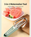 3 In 1 Stainless Steel Watermelon Slicer Set With Melon Scooper And Rounded Edge Fruit Fork on kitchen surface