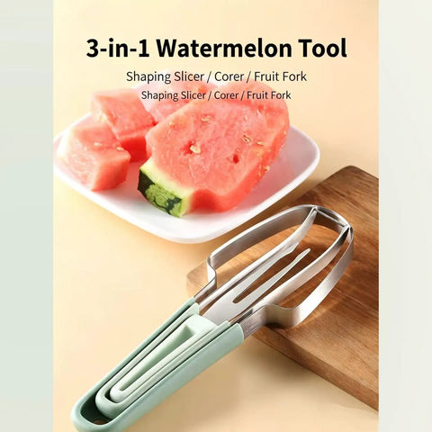 3 In 1 Stainless Steel Watermelon Slicer Set With Melon Scooper And Rounded Edge Fruit Fork on kitchen surface