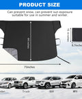 Diagram of Extra Large 75 By 45 Inch Windshield Snow Cover Heavy Duty Windproof Shield for Cars, dimensions and vehicles shown.