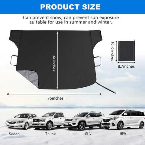 Diagram of Extra Large 75 By 45 Inch Windshield Snow Cover Heavy Duty Windproof Shield for Cars, dimensions and vehicles shown.