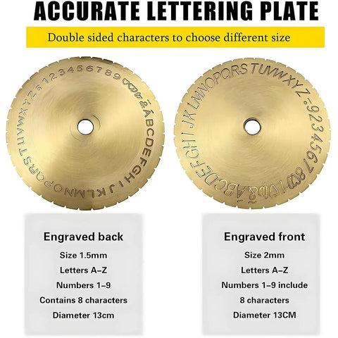 Premium Quality Heavy Duty Inside Ring Engraver Double Sided Dial Stamp showing brass lettering plate with A-Z and 1-9 engravings.