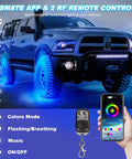 RGB LED Rock Lights Kit for Jeeps Trucks highlighting tire underglow with app and remote control, showcasing blue trail-ready lighting.