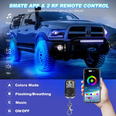 RGB LED Rock Lights Kit for Jeeps Trucks highlighting tire underglow with app and remote control, showcasing blue trail-ready lighting.