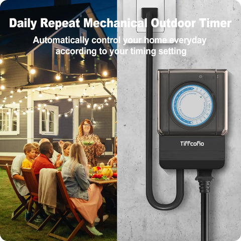 Heavy Duty Waterproof Mechanical Outdoor Timer Outlet Featuring Dual Grounded Plug In Sockets For Foolproof Daily Yard Garden And Patio Auto Lighting Schedule Setup with visible timer setup.