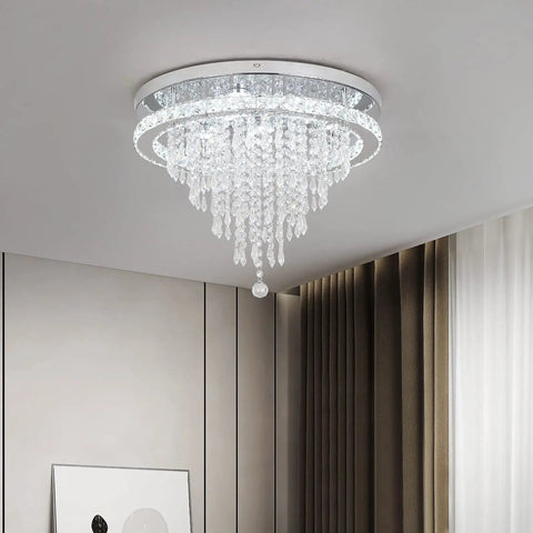 Crystal Chandelier LED Ceiling Light 19.6 Inch Flush Mount Fixture For Living Room Bedroom Kitchen Dining Room Cool White Glow Lit Modern Sparkling Decor Accent