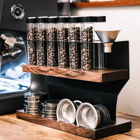Badass Two Tier Coffee Bean Cellar With Built In Hopper And One Way Exhaust Valve For Fresh Single Dose Roasts, with test tubes and a brewing rack.