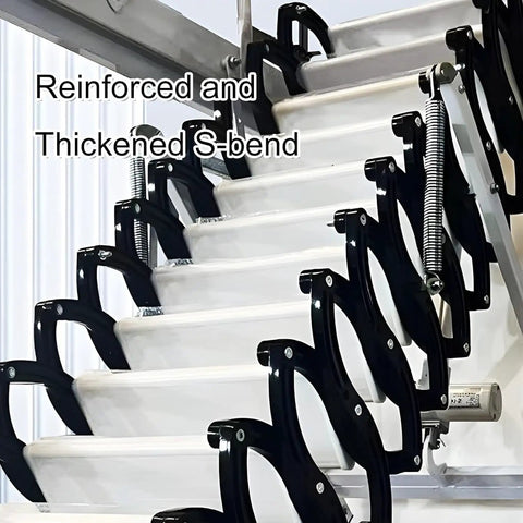 Electric Retractable Attic Ladder Ceiling Mount Pull Down Stairway Smart Remote Control with reinforced S-bend steps.