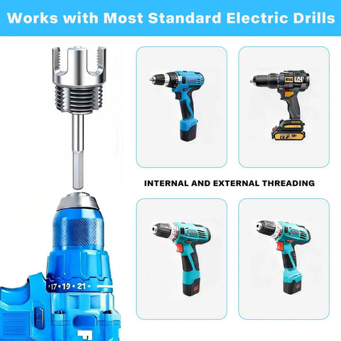 Three Piece Pipe Threading Tool Kit With 1/2, 3/4, And 1 Inch Alloy Steel Dies For PVC Plastic Pipes And Electric Drill Compatibility