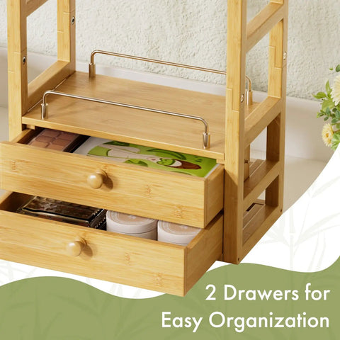 Bamboo Bathroom Countertop Organizer With 2 Tier Makeup Storage And 2 Drawers, Vanity Shelf featuring open drawers with items