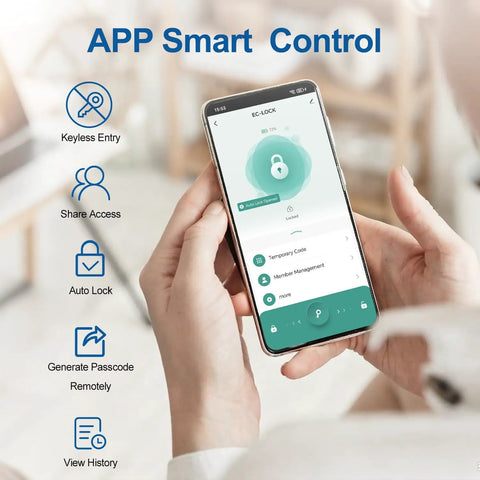 Smart Fingerprint Door Lock With 5 Ways To Unlock, Anti Peep Code, Adjustable Auto Lock, Inside Lock shown on smartphone app display.