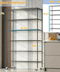 Beefy Six Tier Rolling Wire Shelf On Wheels For Garage And Home, Heavy Duty Steel Rack With 18 x 45 x 82 Inches Capacity, Black Finish, Smooth Mobility, Easy Assembly, Durable Storage Unit showing dimensions