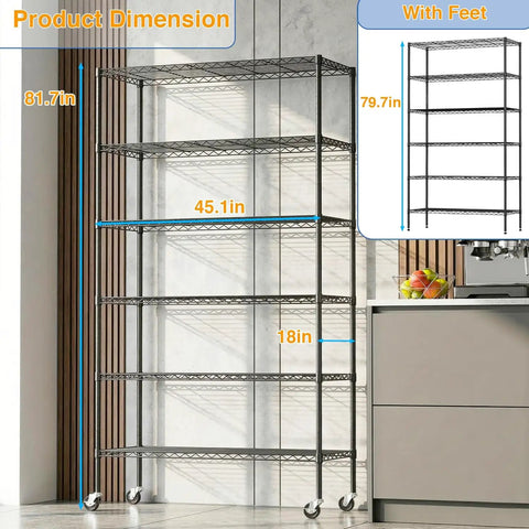 Beefy Six Tier Rolling Wire Shelf On Wheels For Garage And Home, Heavy Duty Steel Rack With 18 x 45 x 82 Inches Capacity, Black Finish, Smooth Mobility, Easy Assembly, Durable Storage Unit showing dimensions