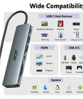 Image of USB C Hub 7 In 1 Multi Port Adapter For Laptop With 4K HDMI Output 2 USB A 3.1 Ports USB C Data Port PD 100W Charging MicroSD And SD Card Slots Space Grey Aluminum Dock and compatibility chart.