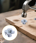 Hammer inserting t-nut on wood, part of 48 Piece T Track Bolts And Knobs Kit For Woodworking Jigs And Fixtures One Quarter Inch By Twenty T Bolts And Star Knobs Easy DIY Hardware For Sliding Jigs And Precise Setups