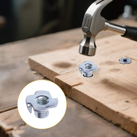 Hammer inserting t-nut on wood, part of 48 Piece T Track Bolts And Knobs Kit For Woodworking Jigs And Fixtures One Quarter Inch By Twenty T Bolts And Star Knobs Easy DIY Hardware For Sliding Jigs And Precise Setups