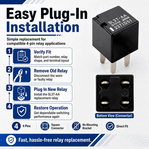 Ford Oil Pump Starting Relay 12V DC 20A, 4 Pins, Replacement Pack of 2 for 5L3T-AA, Compatible With Ford Vehicles, High Quality Automotive Relay for Reliable Engine Start and Long Lasting Performance. Black 4-pin relay with bottom connector view