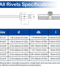 DIY Ready 220 Piece 3/16 Inch By 3/4 Inch Black Pop Rivets With Washer Kit size specifications chart