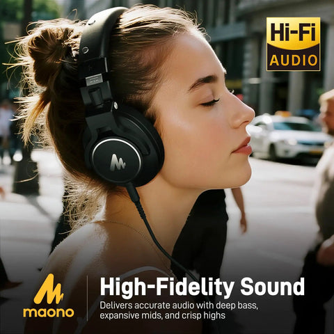 Person wearing Studio Monitor DJ Headphones With 50mm Drivers Closed-Back Over-Ear Wired Headset For Music Production