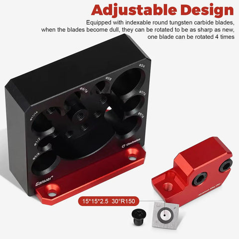 Slick No Sweat Drill Attachment Jig Kit For Turning Square Lumber Into Smooth Wooden Dowels Fast Solid Eight Size Range With Razor Sharp Carbide Blades For Hard Core Woodworking showing adjustable design and indexable tungsten carbide blades.